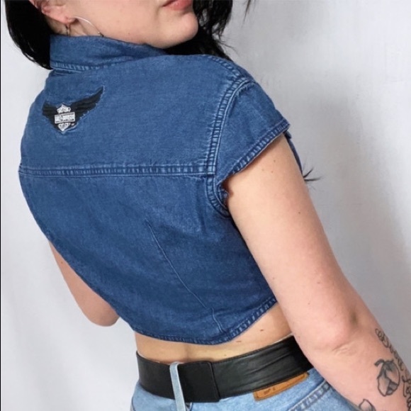 VINTAGE HARLEY DAVIDSON DENIM EMBROIDERED CROP TOP - Picture 4 of 6